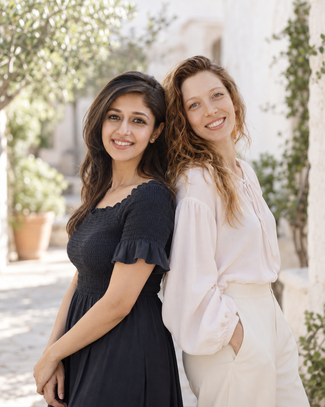Megha and Anastasia standing back to back and smiling outdoors
